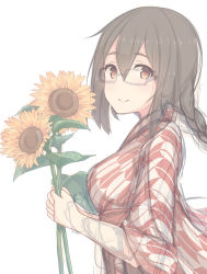 Rule 34 | 1girl, brown hair, flower, glasses, highres, looking at viewer, original, shuuichi, simple background, sketch, smile, solo, sunflower, white background, yagasuri