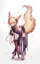 Rule 34 | 1boy, animal ears, anklet, backless outfit, bent over, blonde hair, blush, clothes lift, collar, commentary request, covered navel, cross-laced clothes, crossdressing, detached sleeves, dress, embarrassed, erune, fang, fox ears, fox tail, full body, granblue fantasy, hair ornament, hair over one eye, high heels, highres, holding, holding umbrella, jewelry, kou (granblue fantasy), large tail, leaning on object, long hair, looking at viewer, male focus, nail polish, no panties, one eye covered, open mouth, pelvic curtain, purple dress, purple footwear, purple sleeves, see-through, shigaraki (strobe blue), simple background, solo, standing, sweatdrop, tail, tail raised, thighhighs, umbrella, white background, wrist cuffs, yellow eyes