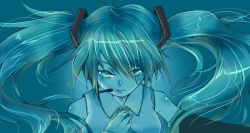 Rule 34 | 1girl, aqua theme, blue theme, hatsune miku, monochrome, portrait, serious, solo, spot color, twintails, vocaloid