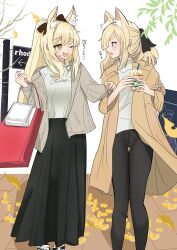 Rule 34 | 2girls, ;d, akabeko123, animal ear fluff, animal ears, arknights, autumn leaves, bag, black pants, black skirt, blemishine (arknights), blonde hair, blue eyes, brown eyes, brown jacket, character request, check character, commentary request, cup, disposable cup, drinking straw, feet out of frame, ginkgo leaf, grey jacket, grey shirt, highres, holding, holding cup, horse ears, jacket, leaf, long hair, multiple girls, one eye closed, open clothes, open jacket, open mouth, pants, paper bag, pleated skirt, ponytail, shirt, short eyebrows, simple background, skirt, smile, standing, thick eyebrows, translation request, very long hair, whislash (arknights), white background