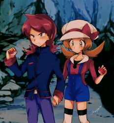 Rule 34 | 1boy, 1girl, absurdres, amayu (amaamailust), blue jacket, blue overalls, bow, brown eyes, brown hair, cabbie hat, closed mouth, commentary request, creatures (company), frown, game freak, hat, hat bow, highres, holding, holding hands, holding poke ball, jacket, long hair, lyra (pokemon), nintendo, overalls, pants, poke ball, poke ball (basic), pokemon, pokemon hgss, purple pants, red bow, red eyes, red hair, red shirt, shirt, signature, silver (pokemon), standing, thighhighs, twintails, white headwear, white thighhighs