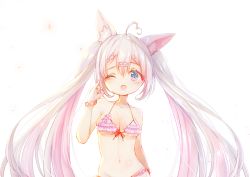 Rule 34 | 1girl, ;d, ahoge, animal ear fluff, animal ears, bare arms, bare shoulders, bikini, blue eyes, blush, braid, breasts, cleavage, collarbone, commentary request, copyright request, front-tie bikini top, front-tie top, groin, hair ornament, hairclip, hand up, heart, heart ahoge, highres, indie virtual youtuber, long hair, medium breasts, navel, one eye closed, open mouth, pink bikini, pinky out, sawa (sawasaku), sidelocks, silver hair, simple background, smile, swimsuit, twintails, very long hair, virtual youtuber, white background