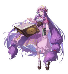 Rule 34 | 1girl, absurdly long hair, absurdres, ankle cuffs, atkdog, blunt bangs, book, bow, breasts, brown footwear, capelet, chain, corset, crescent, crescent hat ornament, dress, footwear bow, full body, hat, hat ornament, hat ribbon, highres, holding, holding book, long hair, long sleeves, medium breasts, patchouli knowledge, pink capelet, pink dress, pink hat, purple eyes, purple hair, red bow, red ribbon, ribbon, shoes, sidelocks, simple background, socks, solo, striped clothes, striped dress, touhou, very long hair, white background, white socks