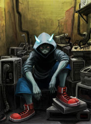 Rule 34 | 1boy, bad id, bad pixiv id, cable, highres, hood, hoodie, horns, male focus, original, red eyes, s-kan, shoes, solo