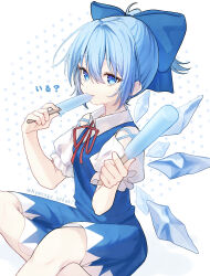 Rule 34 | 1girl, absurdres, blue bow, blue dress, blue eyes, blue hair, bow, cirno, collared shirt, detached wings, dress, fairy, food, hair between eyes, hair bow, highres, holding, holding food, ice, ice wings, nyanaya, popsicle, shirt, short hair, short sleeves, solo, touhou, twitter username, white shirt, wings