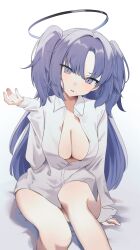 Rule 34 | 1girl, absurdres, arm support, bare legs, blue archive, blush, breasts, cleavage, feet out of frame, halo, highres, long hair, looking at viewer, medium breasts, partially unbuttoned, purple eyes, purple hair, shirt, sitting, solo, terano naa, two side up, very long hair, white shirt, yuuka (blue archive)