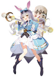 Rule 34 | 1girl, animal ears, black bow, black footwear, blonde hair, blue bow, blue dress, blunt bangs, blush, boots, bow, brown eyes, commentary request, dress, gaou (umaiyo puyoman), grey hair, hair ornament, hammer, holding, holding hammer, long sleeves, mochizuki himari, multicolored hair, open mouth, rabbit ears, simple background, solo, two-tone hair, uni create, virtual youtuber, white background