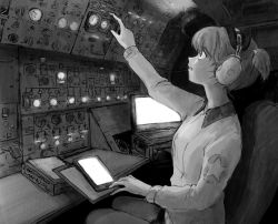 Rule 34 | 10s, 1girl, @p s r   , aircraft, airplane, alisa (girls und panzer), arm up, bad id, bad twitter id, book, c-5 galaxy, chair, cockpit, freckles, girls und panzer, greyscale, hair ornament, headset, monochrome, payama, profile, reaching, short hair, short twintails, sitting, solo, star (symbol), sweatdrop, twintails, uniform