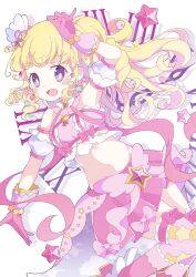 Rule 34 | 1girl, :d, absurdres, arm up, blonde hair, blush, boots, bow, clock, cloud print, commentary request, crop top, curly hair, detached sleeves, gloves, hair ornament, highres, idol clothes, idol time pripara, long hair, looking at viewer, navel, open mouth, pink bow, pink footwear, pink gloves, pink skirt, pink thighhighs, pleated skirt, pretty series, pripara, puffy detached sleeves, puffy sleeves, purple eyes, ranirani (syohousen8), sidelocks, skirt, smile, solo, star (symbol), star hair ornament, thighhighs, two side up, yumekawa yui