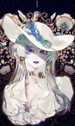 Rule 34 | 1girl, breasts, choker, cleavage, collarbone, coral, earrings, flower, frills, gem, gradient hair, hat, high collar, highres, jewelry, lipstick, long hair, looking at viewer, makeup, mascara, medium breasts, multicolored hair, parted lips, pearl (gemstone), pigeon666, purple eyes, purple lips, shell, signature, smile, solo, white hair