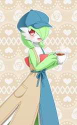 Rule 34 | 1girl, blue dress, blue hat, blush, bob cut, brown background, brown dress, cabbie hat, clothed pokemon, colored skin, creatures (company), cup, dress, drink, female focus, flat chest, floral background, game freak, gardevoir, gardevoir (cafe), gen 3 pokemon, green hair, green skin, hair over one eye, hands up, happy, hat, heart, heart background, hikatty, holding, holding cup, holding drink, looking to the side, multicolored skin, nintendo, one eye covered, open mouth, outline, pokemon, pokemon (creature), pokemon unite, red eyes, sash, short hair, smile, solo, standing, steam, tea, teacup, two-tone dress, two-tone skin, white outline, white skin