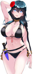 Rule 34 | 1girl, :d, absurdres, arm up, armpits, belt, bikini, black belt, black bikini, black cape, blue eyes, blue hair, breasts, byleth (female) (fire emblem), byleth (female) (summer) (fire emblem), byleth (fire emblem), cape, cleavage, commentary request, cowboy shot, dagger, fire emblem, fire emblem: three houses, fire emblem heroes, flower, groin, hair between eyes, hair flower, hair ornament, hibiscus, highres, knife, large breasts, long hair, looking at viewer, lower teeth only, navel, nintendo, official alternate costume, open mouth, red flower, sheath, sheathed, simple background, single bare shoulder, smile, solo, standing, stomach, swimsuit, tassel, teeth, tetsuji (i ttj f c), thigh gap, weapon, white background, wristband