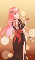 Rule 34 | 1girl, absurdres, backless dress, backless outfit, black dress, bow, bridal gauntlets, cup, darling in the franxx, dress, evening gown, floating hair, flower, from behind, green eyes, hair flower, hair ornament, highres, holding, holding cup, horns, jewelry, lens flare, long hair, looking at viewer, looking back, michelan, parted lips, pink hair, red bow, ring, side slit, solo, standing, very long hair, zero two (darling in the franxx)