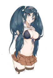 Rule 34 | 1girl, absurdres, bikini, bikini top only, blue eyes, blue hair, breasts, cleavage, clothes lift, cropped legs, front-tie bikini top, front-tie top, highres, isuzu (kancolle), kantai collection, large breasts, long hair, looking at viewer, one-hour drawing challenge, open mouth, ryo (tg290), shirt lift, skindentation, skirt, solo, swimsuit, twintails, very long hair