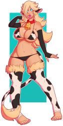 Rule 34 | 1girl, absurdres, animal ears, animal print, barefoot, bikini, blonde hair, blue eyes, breasts, collar, cow ears, cow horns, cow print, cow tail, cowbell, earrings, fingerless gloves, fur trim, gloves, highres, horns, jewelry, large breasts, mario (series), nail polish, nintendo, rosalina, solo, star-shaped pupils, star (symbol), star earrings, super mario galaxy, swimsuit, symbol-shaped pupils, tail, thighhighs, wrenzephyr2