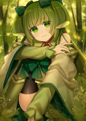 Rule 34 | 1girl, bad id, bad pixiv id, bare shoulders, black thighhighs, boots, bow, closed mouth, commentary request, day, detached sleeves, dress, fingernails, foreshortening, green bow, green dress, green eyes, green footwear, green hair, hair bow, head tilt, hugging own legs, karokuchitose, knee boots, long hair, long sleeves, original, outdoors, sitting, smile, solo, thighhighs, thighhighs under boots, tree, two side up, very long hair, wide sleeves