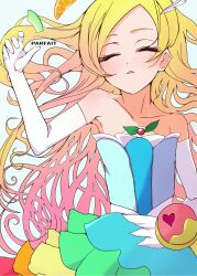 Rule 34 | 1girl, aizawa mena, armpits, bare shoulders, blush, closed eyes, collarbone, commentary request, cure parfait, dress, elbow gloves, fabric, feathers, food, fruit, gloves, henshin, highres, kirahoshi ciel, kirakira precure a la mode, long hair, multicolored hair, orange (fruit), precure, solo, strapless, white feathers, white gloves