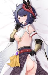 Rule 34 | 1girl, absurdres, ass, bird mask, black gloves, blue hair, breast curtain, breasts, closed mouth, clothes lift, commentary request, dakimakura (medium), detached sleeves, genshin impact, gloves, hair ornament, hand up, highres, kujou sara, lifted by self, looking at viewer, looking to the side, lying, mask, mask on head, medium breasts, nipples, no bra, no panties, obanana (ahap7438), obi, on side, ribbon trim, sash, short hair, skirt, skirt lift, solo, yellow eyes