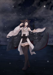Rule 34 | 10s, 1girl, ahoge, brown hair, commentary request, detached sleeves, double bun, frilled skirt, frills, fuyube gin (huyube), hair bun, headgear, highres, kantai collection, kongou (kancolle), kongou kai ni (kancolle), long hair, looking up, nontraditional miko, ocean, skirt, sky, smile, snow, solo