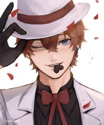 Rule 34 | 1boy, alternate costume, black gloves, black shirt, blue eyes, bow, bowtie, chocolate, commentary, earrings, english commentary, genshin impact, gloves, hair between eyes, hat, heart, heart-shaped pupils, highres, jacket, jewelry, looking at viewer, male focus, mouth hold, nokkusuart, one eye closed, orange hair, petals, red bow, red bowtie, shirt, simple background, single earring, solo, symbol-shaped pupils, tartaglia (genshin impact), twitter username, upper body, valentine, white background, white hat, white jacket