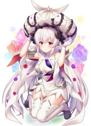 Rule 34 | 1girl, breasts, cosplay, dragon girl, dragon horns, dress, fate/grand order, fate (series), frilled hat, frills, gloves, grey hair, hat, highres, horns, kiyohime (fate), kiyohime (third ascension) (fate), large breasts, large hat, long hair, marie antoinette (fate), marie antoinette (fate) (cosplay), marie antoinette (third ascension) (fate), multiple horns, red eyes, short dress, sleeveless, sleeveless dress, solo, suzumia (daydream), taneda risa, thighhighs, very long hair, voice actor connection, white dress, white gloves, white hat, white thighhighs