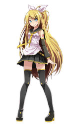 Rule 34 | 1girl, black thighhighs, blonde hair, blue eyes, boots, bow, detached sleeves, future style (module), hair bow, hair ornament, hairclip, highres, kagamine rin, long hair, necktie, aged up, pleated skirt, ponytail, project diva (series), sailor collar, skirt, sleeveless, solo, thigh boots, thighhighs, treble clef, tsukishiro saika, very long hair, vocaloid