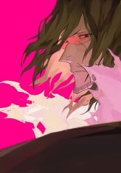 Rule 34 | 1boy, bleach, brown hair, facial hair, from side, glasses, highres, long hair, male focus, personification, pink background, red eyes, solo, sword, weapon, zangetsu, zangjun