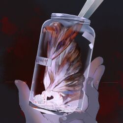 Rule 34 | 1girl, barefoot, black wings, bottle, breasts, butterfly wings, captured, commentary request, cuts, dated, dbly2015, fairy, fingernails, grey background, grey hair, highres, holding, in bottle, in container, injury, insect wings, kneeling, leaning forward, long hair, medium breasts, mini person, minigirl, multiple scars, navel, nipples, nude, original, out of frame, pov, pov hands, red background, red wings, scar, scar on back, solo focus, symbolism, very long hair, wings