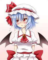 Rule 34 | 1girl, arms behind back, ascot, bat wings, blue hair, blush, brooch, dress, embarrassed, flying sweatdrops, hachimi, hat, hat ribbon, highres, jewelry, looking away, mob cap, open mouth, puffy short sleeves, puffy sleeves, red eyes, remilia scarlet, ribbon, sash, short sleeves, solo, touhou, white dress, wings