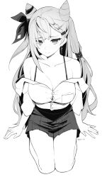 Rule 34 | 1girl, blush, bra strap, breasts, byeon dha, cleavage, cone hair bun, earrings, greyscale, hair bun, highres, hololive, hololive indonesia, jewelry, long hair, medium breasts, monochrome, off shoulder, partially undressed, pleated skirt, seiza, shirt, sitting, skirt, twitter username, vestia zeta, virtual youtuber