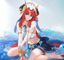 Rule 34 | 1girl, absurdres, aqua eyes, barefoot, brooch, circlet, clothing cutout, crop top, dd (897671246), feet, forehead jewel, genshin impact, gold trim, harem outfit, highres, jewelry, long hair, long sleeves, looking at viewer, low twintails, nail polish, navel, neck ring, nilou (genshin impact), parted bangs, parted lips, puffy long sleeves, puffy sleeves, red hair, shrug (clothing), sitting, skirt, smile, stomach, thighs, toenail polish, toenails, toes, twintails, vambraces, veil, vision (genshin impact), wariza, water, water drop