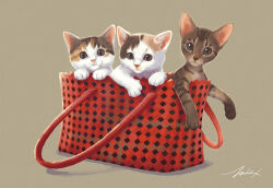 Rule 34 | animal focus, bag, brown background, brown cat, cat, in bag, in container, looking at viewer, no humans, original, red bag, shadow, signature, simple background, spotted fur, striped fur, takigraphic