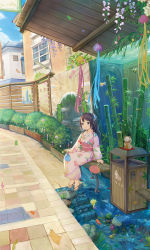 Rule 34 | 1girl, air bubble, angelfish, balloon, bamboo, bench, brown eyes, brown hair, bubble, building, bush, clownfish, coral, day, fish, floral print, flower, fluorescent lamp, hair ornament, hand fan, highres, holding, japanese clothes, jellyfish, kimono, leaf, long hair, long sleeves, looking at viewer, maneki-neko, obi, original, outdoors, paper fan, parted lips, pavement, petals, plant, ponytail, poster (object), potted plant, print kimono, road, sandals, sash, sayika, scenery, seaweed, sitting, slippers, smile, solo, stingray, streamers, tanzaku, trash can, tropical fish, uchiwa, wall, water, wide shot, window, wisteria, wooden wall