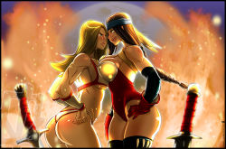 Rule 34 | 2girls, angry, armor, ass, bandana, bikini armor, blue eyes, blurry, blush, bra, breast press, breasts, brown eyes, brown hair, cowboy shot, curvy, depth of field, detached sleeves, eye contact, female focus, fire, gloves, golden axe, gradient background, hand on own hip, hands on own hips, highres, kamina1978, large breasts, leaning forward, leotard, lips, long hair, looking at another, multiple girls, original, outdoors, panties, sega, shiny skin, standing, sword, symmetrical docking, thighhighs, toned, tyris flare, underwear, weapon