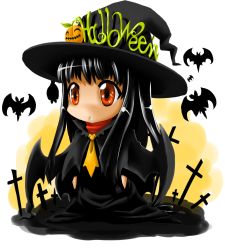 Rule 34 | 1girl, bat (animal), black hair, cross, halloween, hat, jack-o&#039;-lantern, kyougoku touya, red eyes, solo, witch hat