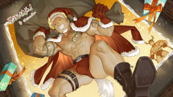 Rule 34 | 2boys, abs, alternate costume, antlers, arm tattoo, bara, bare pectorals, biceps, blonde hair, box, briefs, bulge, chest tattoo, chrisanother, christmas, dark-skinned male, dark skin, dog tail, eyebrow cut, facial hair, from below, gift, gift bag, gift box, gluteal fold, goatee, horns, indie virtual youtuber, jacket, jacket on shoulders, leather, leg belt, rai bolim, long sideburns, male focus, male underwear, mature male, multiple boys, muscular, muscular male, navel, nipples, no shirt, one eye closed, pectorals, reindeer antlers, santa costume, scar, scar on face, scar on nose, short hair, sideburns, stomach, tail, tattoo, thick eyebrows, thick thighs, thighs, underwear, virtual youtuber, white hair