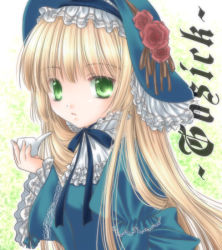 Rule 34 | bad id, bad pixiv id, blonde hair, close-up, flower, frills, gosick, green eyes, hat, long hair, looking back, lowres, smoking pipe, ribbon, rose, solo, victorian, victorica de blois, wakami satsuki, wide sleeves