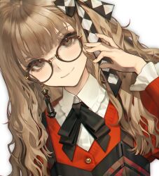 Rule 34 | 1girl, blunt bangs, brown eyes, brown hair, character request, checkered ribbon, closed mouth, collar, echoes of vision, frilled collar, frills, glasses, hair ribbon, highres, long hair, looking at viewer, quuni, red-framed eyewear, ribbon, solo