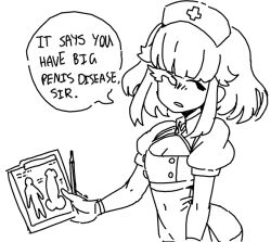 Rule 34 | 1boy, asymmetrical eyes, clipboard, covered navel, cross, curvy, demi (cibastion), dizzyspells, doodle, dress, english text, eyelashes, feminine, hat, holding, holding clipboard, looking to the side, male focus, meme, monochrome, nurse, nurse cap, open mouth, original, pectoral cleavage, pectorals, pencil, penis, puffy short sleeves, puffy sleeves, short hair, short sleeves, sidelocks, sketch, solo, speech bubble, trap