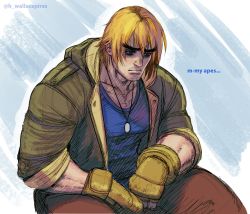 Rule 34 | 1boy, bags under eyes, blue eyes, blue shirt, capcom, commentary, cryptocurrency, depressed, dog tags, english commentary, facial hair, fingerless gloves, gloves, green jacket, jacket, ken masters, male focus, meme, mismatched eyebrows, sad, shirt, short hair, sitting, sleeves pushed up, solo, street fighter, street fighter 6, stubble, thick eyebrows, wallace pires, yellow gloves
