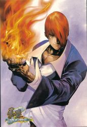 Rule 34 | 1boy, andy seto, choker, dress shirt, fire, highres, jewelry, male focus, official art, purple background, pyrokinesis, red hair, ring, shirt, snk, solo, the king of fighters, yagami iori, yellow eyes