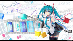 Rule 34 | 1girl, anniversary, artist name, black skirt, black thighhighs, blue eyes, blue hair, blue nails, blue necktie, breasts, closed mouth, collared shirt, commentary request, copyright name, cowboy shot, detached sleeves, film strip, hair ornament, hatsune miku, hatsune miku (vocaloid3), headset, index finger raised, kin toki, letterboxed, long hair, looking at viewer, microphone, nail polish, necktie, pleated skirt, project diva (series), shirt, shoulder tattoo, shure 55sh, skirt, sleeveless, sleeveless shirt, small breasts, smile, solo, tattoo, thighhighs, twintails, very long hair, vintage microphone, vocaloid, white shirt, wing collar, zettai ryouiki