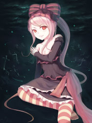 Rule 34 | 1girl, bare shoulders, bow, breasts, cleavage, collarbone, female focus, frills, gujianshaonu, hair bow, highres, long hair, long sleeves, looking at viewer, overlord (maruyama), red eyes, shalltear bloodfallen, sitting, smile, solo, striped legwear, vampire, white hair
