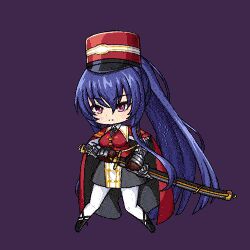 Rule 34 | 1girl, :&gt;, absurdly long hair, akiyama rinko, animated, animated gif, artist request, blue hair, breasts, chibi, collaboration, fighting stance, full body, hat, holding, holding weapon, large breasts, lilith-soft, long hair, looking to the side, lowres, mist train girls, official art, ponytail, purple eyes, skirt, smile, solo, standing, taimanin (series), taimanin yukikaze, transparent background, very long hair, weapon, wide hips