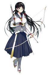 Rule 34 | 1girl, arrow (projectile), black hair, black skirt, bow (weapon), brown eyes, floating hair, full body, glasses, hairband, highres, holding, holding weapon, inaba yamashou, leg up, long hair, long skirt, looking at viewer, pleated skirt, sasamori tomoe, shirohime quest, simple background, skirt, solo, standing, weapon, white background, white hairband, white legwear
