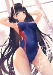 Rule 34 | 1girl, airool, armpits, arms behind head, arms up, azur lane, bare hips, black hair, blue eyes, blue one-piece swimsuit, blunt bangs, blush, breasts, closed mouth, commentary request, competition swimsuit, covered navel, gluteal fold, groin, hair ornament, hairclip, highleg, highleg swimsuit, highres, horns, indoors, long hair, medium breasts, noshiro (azur lane), one-piece swimsuit, oni horns, revision, skin tight, solo, swimsuit, thighs, very long hair, water, window, x hair ornament