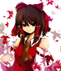 Rule 34 | 1girl, bow, brown hair, detached sleeves, female focus, hachiru, hakurei reimu, highres, japanese clothes, leaf, miko, plant, red eyes, short hair, solo, touhou, upper body, white background