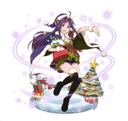 Rule 34 | 1girl, :d, ahoge, argyle clothes, argyle shorts, black footwear, boots, box, breasts, cape, christmas, christmas tree, cleavage, floating hair, full body, fur trim, gift, gift box, hairband, hat, holding, long hair, looking at viewer, open mouth, outstretched arm, purple cape, purple hair, purple hat, purple shorts, red eyes, red hairband, santa hat, short shorts, shorts, simple background, small breasts, smile, snow, snowflakes, snowman, solo, sword art online, thigh boots, thighhighs, very long hair, white background, wrist cuffs, yuuki (sao)