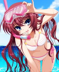 Rule 34 | 1girl, a-chan senpai, absurdres, beach, bent over, bikini, blue eyes, blue sky, breasts, brown hair, cleavage, cloud, commentary request, cowboy shot, day, diving mask, goggles, highres, ikeda jun (aquaqua), kud wafter, leaning forward, little busters!, long hair, looking at viewer, medium breasts, open mouth, outdoors, round teeth, side-tie bikini bottom, sky, smile, snorkel, solo, striped bikini, striped clothes, swimsuit, teeth, upper teeth only, wet, wet clothes, wet swimsuit, white bikini