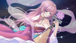 Rule 34 | 1girl, ayase hazuki, bare shoulders, blue eyes, blush, breasts, cleavage, collar, flower, game cg, instrument, japanese clothes, kamidere, large breasts, long hair, open mouth, pink hair, playing, simple background, smile, solo, standing